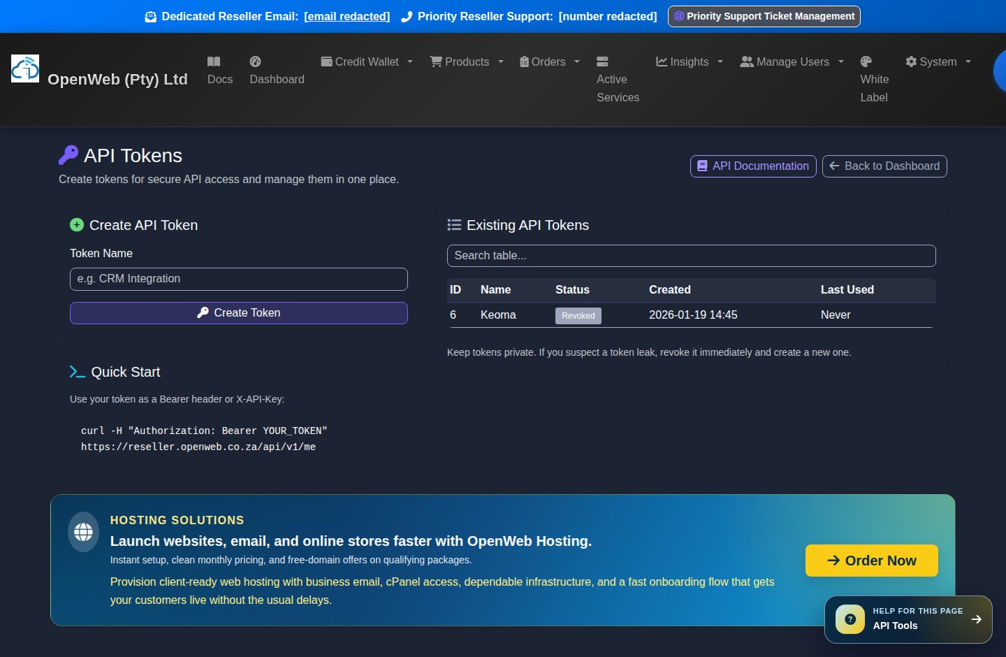 Current OpenWeb reseller panel screenshot: API tokens and API docs